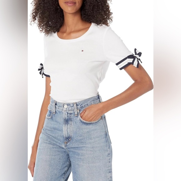 Tommy Hilfiger Women’s 100% White Cotton Navy Blue Tie Accent at Each Sleeve L - Picture 1 of 16